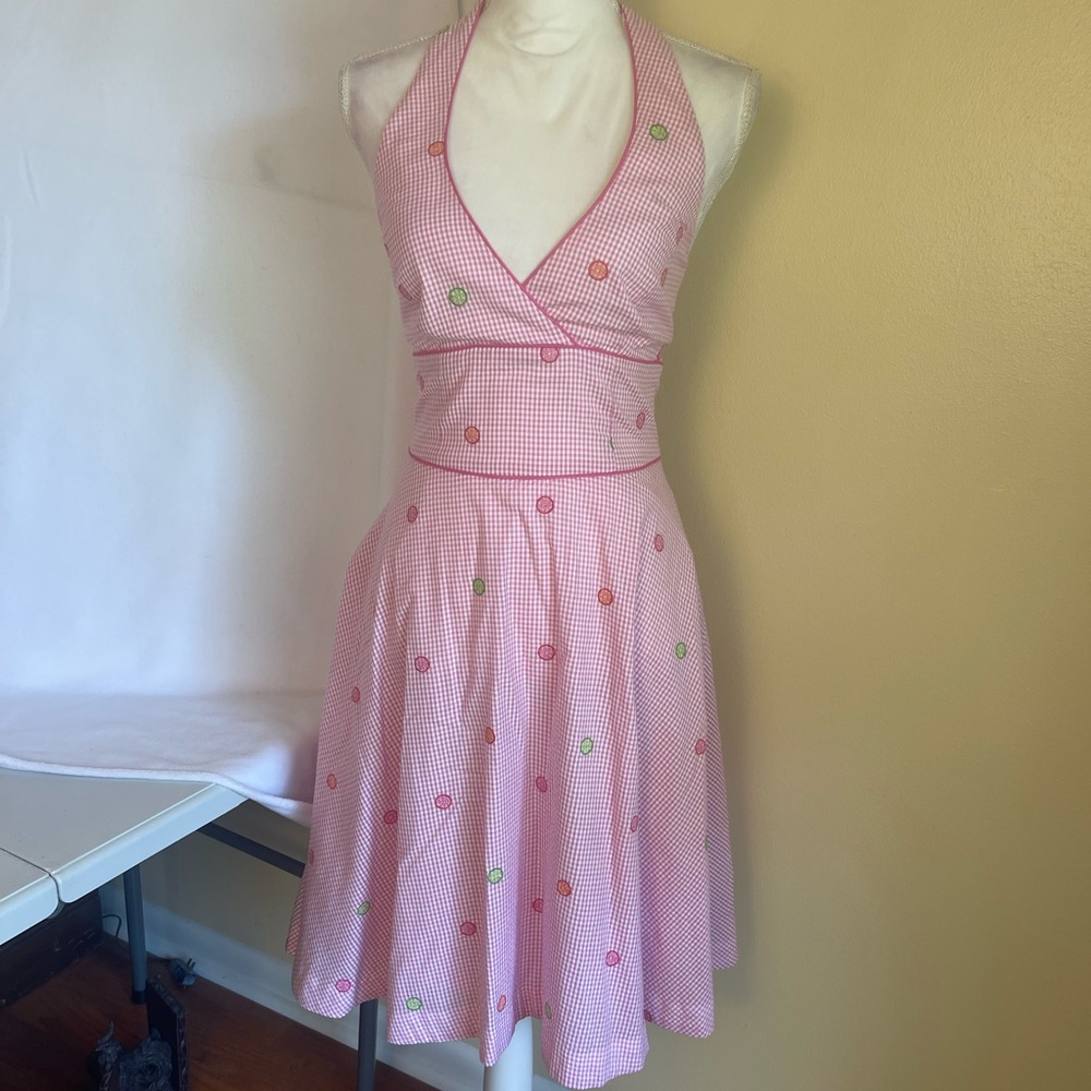 Vintage Lilly Pulitzer Pink Gingham Citrus Halter Dress Fit & Flare Resort Sz 0